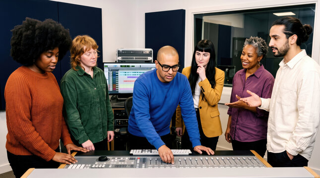 Diverse team collaborate at podcast studio audio mixing console