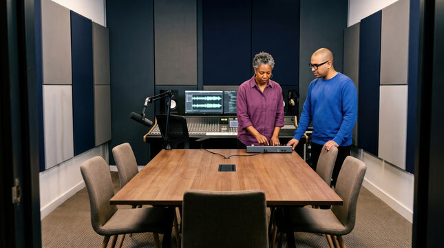 Audio professionals prepare podcast studio for recording session