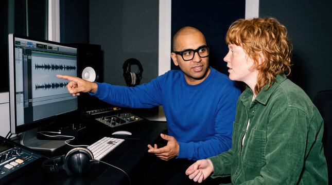 Audio producer explain waveform to podcast host in studio