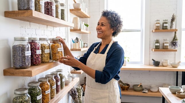 Smiling entrepreneur organize herbal jars in artisan shop