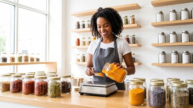 Female entrepreneur weighing spice in sustainable refill shop