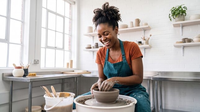 Smiling ceramic artisan shaping clay bowl in bright studio