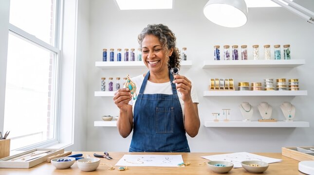 Smiling artisan jeweler crafting handmade necklace in studio