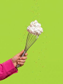 Whipped cream and candy sprinkles on fork with green backdrop