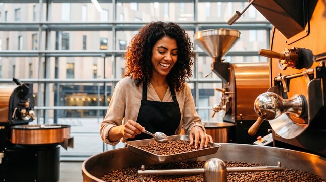 Smiling artisan inspect coffee bean at urban roastery