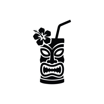 Tiki cocktail glass icon vector, tropical tiki bar cocktail with hibiscus flower and straw, black silhouette graphic for menu design