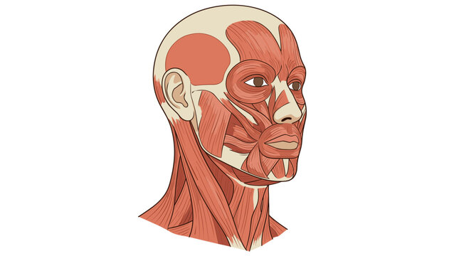 Anatomical vector illustration of human head and neck muscular system in a three-quarter view, detailed medical diagram of facial muscles and neck structure on white background.