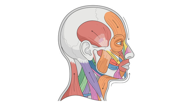 Detailed anatomical vector diagram of the human head and neck muscles in profile view, featuring color-coded facial musculature, tendons, and directional arrows on a white background.