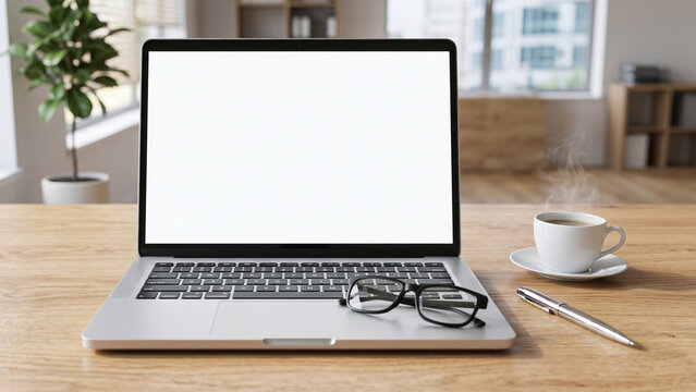 Front view laptop mockup with empty white screen on modern wooden desk near coffee cup and glasses. Ideal for website showcase and digital portfolio presentation.