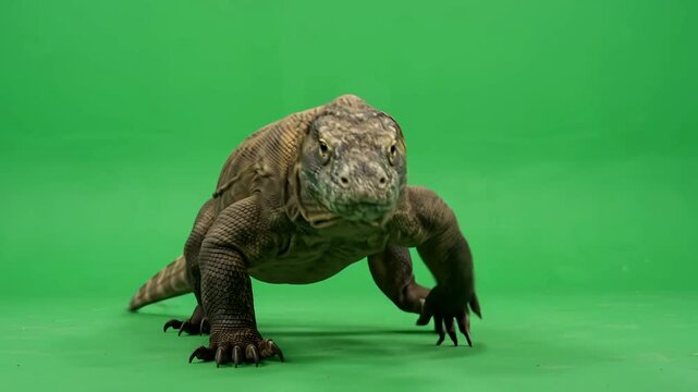 Komodo dragon crawling forward isolated on green screen studio background