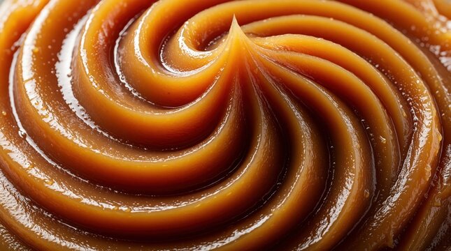 Macro view of sweet dulce de leche texture. Creamy caramel sauce swirl with shiny surface. Delicious brown sugar spread for dessert topping. Thick milk jam pattern shows smooth gooey consistency in