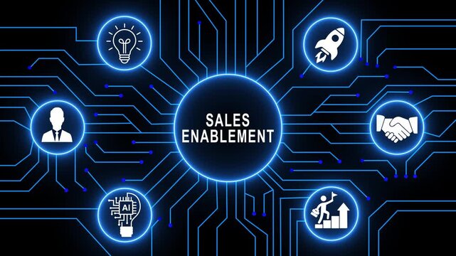 Comprehensive digital sales enablement concept featuring futuristic glowing blue circuit board background, animated growth strategy, business technology infographic animation