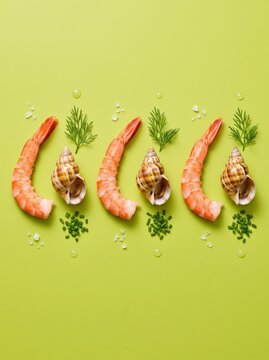Shrimp and seashell with rosemary on lime green background