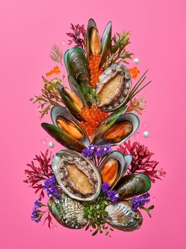 Seafood composition with mussel, salmon roe and seaweed