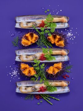 Seafood delicacy with shellfish roe and sea urchin