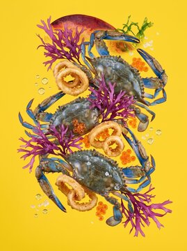 Blue crab seafood composition with coral and salmon roe