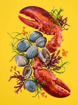 Lobster claw with clam, seaweed and roe on yellow background