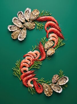 Oyster and shrimp seafood frame with rosemary and salt
