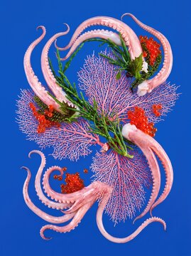 Octopus tentacle with caviar and seaweed on blue background