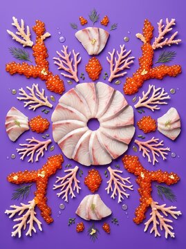 Raw fish and salmon roe with coral on purple background