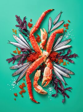 Seafood flat lay with crab, fish, roe and seaweed