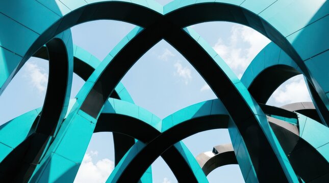 Abstract geometric architecture with turquoise arches and sky