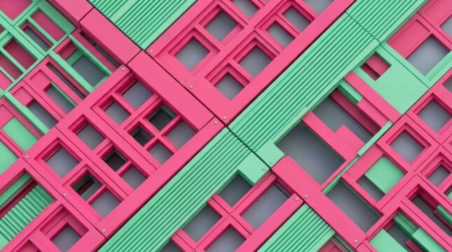 Abstract geometric facade with pink and green window frames