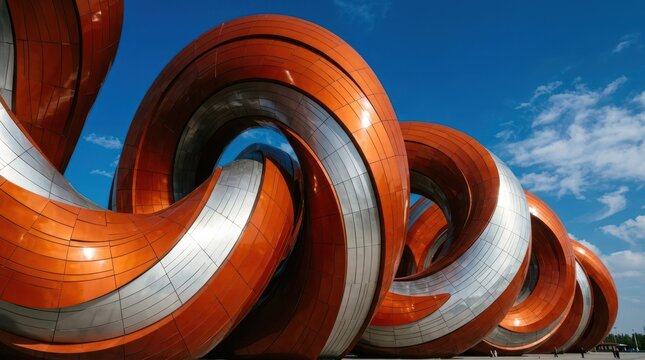 Abstract geometric architecture with orange metallic loop structure