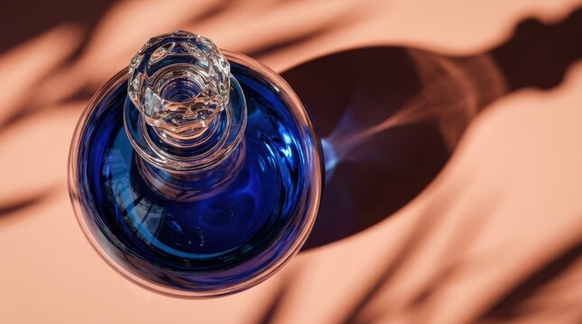 Blue glass alchemy bottle with botanical shadow