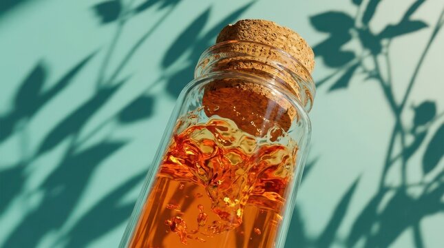 Amber potion in corked glass bottle with botanical shadow