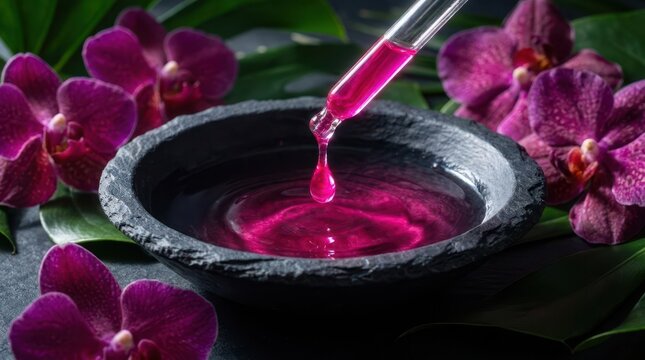 Pink botanical elixir in stone bowl with orchid flowers