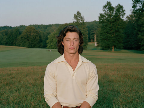 Handsome young man in retro 70s polo shirt standing on a green field, vintage country club style portrait.