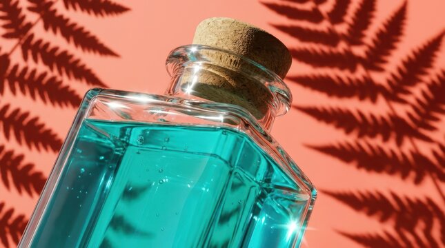 Turquoise potion bottle with botanical shadow on coral
