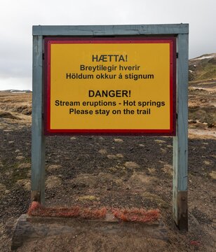 Warning sign in Icelandic and English, Steam eruptions, Hot springs, Selt&uacute;n geothermal area, Kr&yacute;suv&iacute;k volcanic system, Reykjanesf&oacute;lkvangur National reserve, Iceland