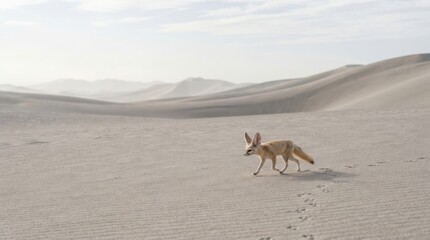 Fototapeta premium A fennec fox walking across the vast and empty sand dunes of the Sahara desert landscape