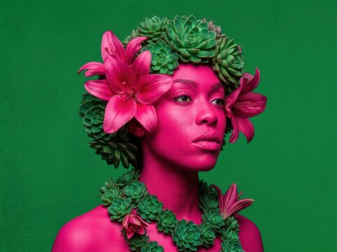 Botanical artistic portrait of model with flower crown