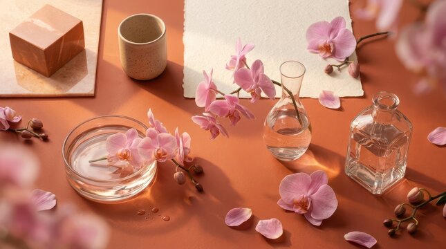 Pink orchid and glassware botanical still life on orange
