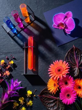 Neon botanical still life with glass test tubes and flowers