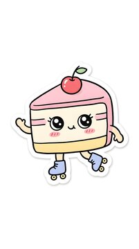 Charming slice of layered cake with pink frosting, cream and a cherry on top, featuring a cute smiling face and playful character design