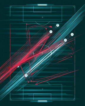 Soccer field with data visualization of player movements and ball tracking