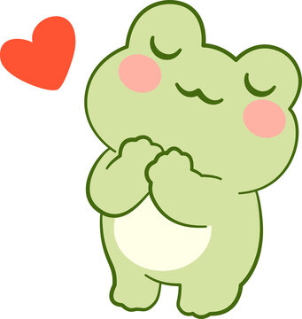 Cute Shy Green Frog Character with Red Heart