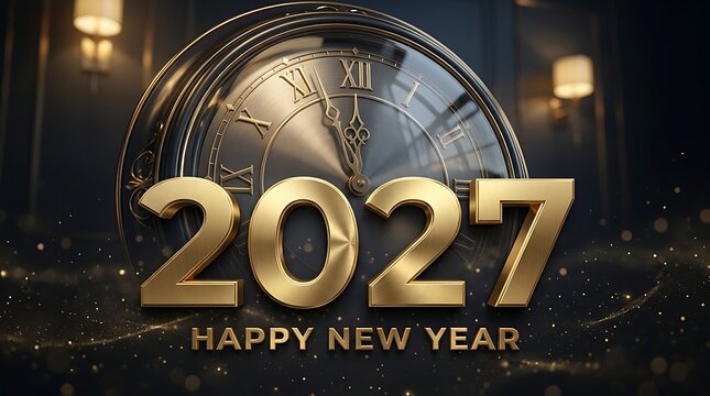 A festive golden 2027 text design set against a dark clock background to celebrate the upcoming happy new year holiday season