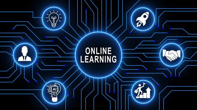 Comprehensive digital online learning concept featuring glowing circuit board background, with interactive technology, showing educational growth, e-learning innovation, and, knowledge transfer