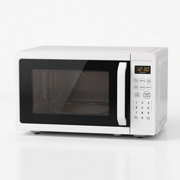 Modern white microwave oven with digital timer display on a white background kitchen appliance