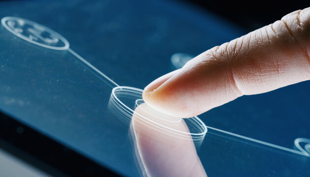 Person touching futuristic digital interface on a high tech screen