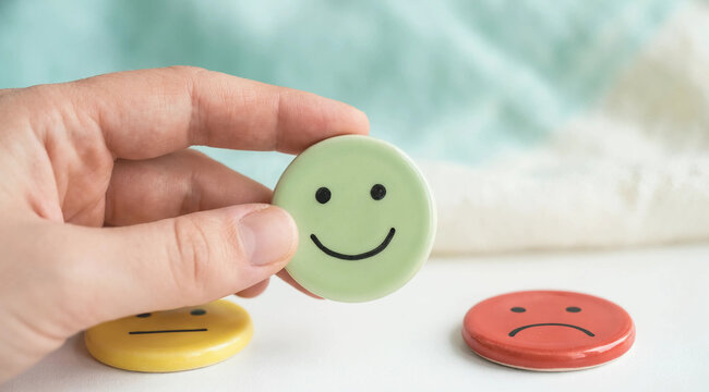 Hand holding green happy smile face icon for customer satisfaction rating and positive feedback evaluation