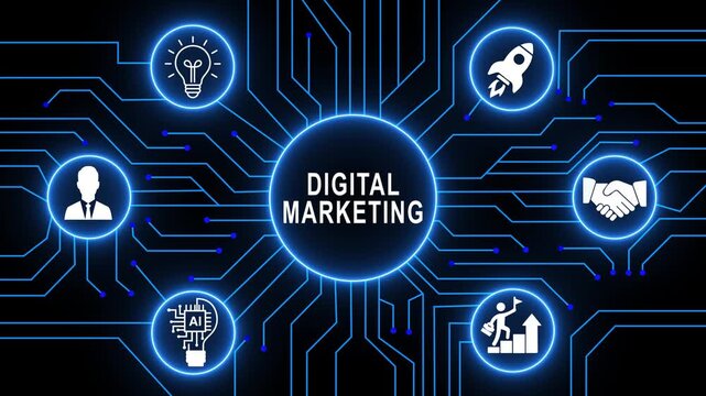 Dynamic digital marketing strategy animation featuring glowing circuit board network business growth concepts, artificial intelligence innovation, and modern corporate technology solutions