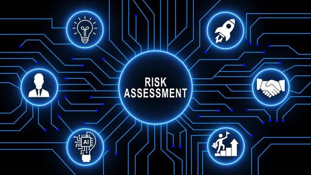 Risk assessment business concept animated on digital circuit board interface featuring glowing blue strategic planning, financial evaluation, and corporate security analysis background motion