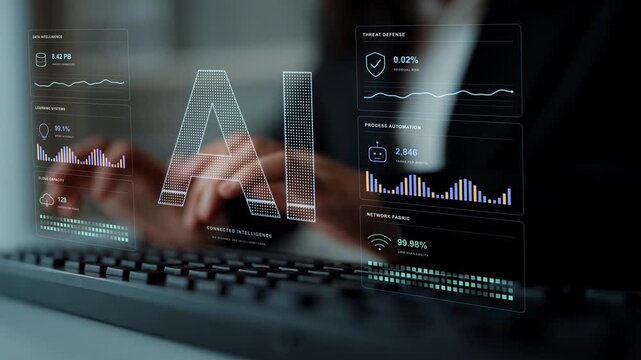 A person types on a keyboard. Connected computing resources support AI learning and automation, while security and network monitoring provide context for managing the digital environment.