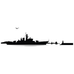 Fototapeta premium Military warship silhouette sailing near harbor lighthouse and small sailboats on horizon.